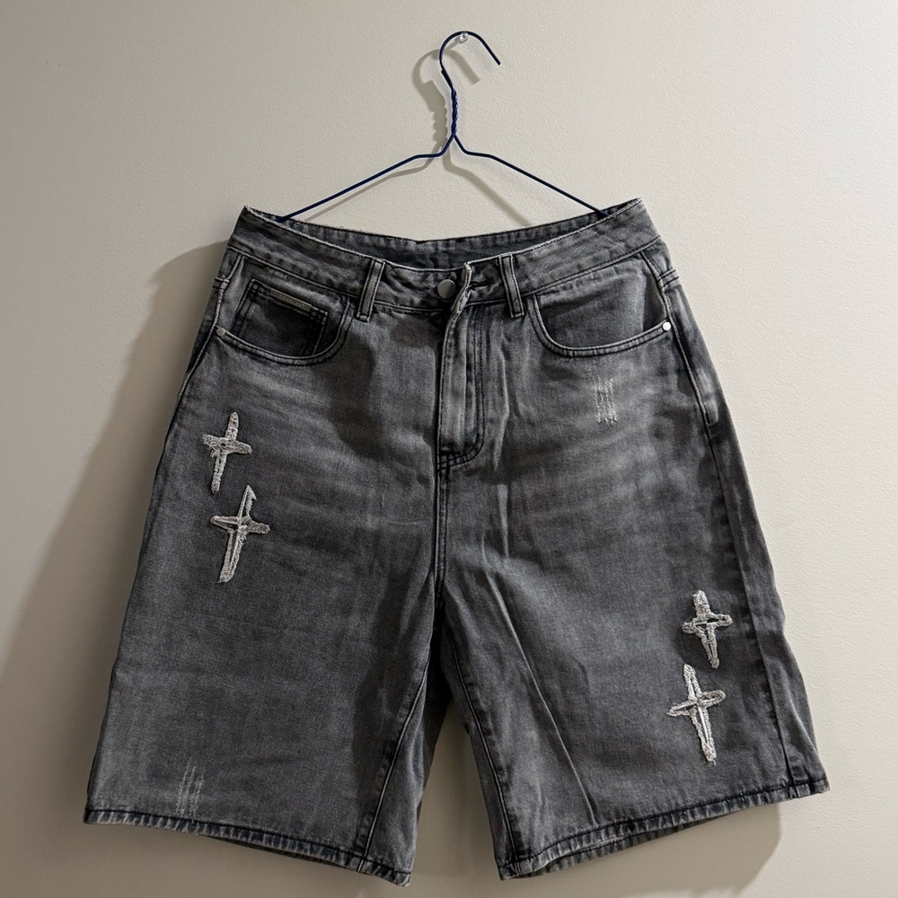 Men's Gray Distressed Denim Shorts with Cross Embroidery